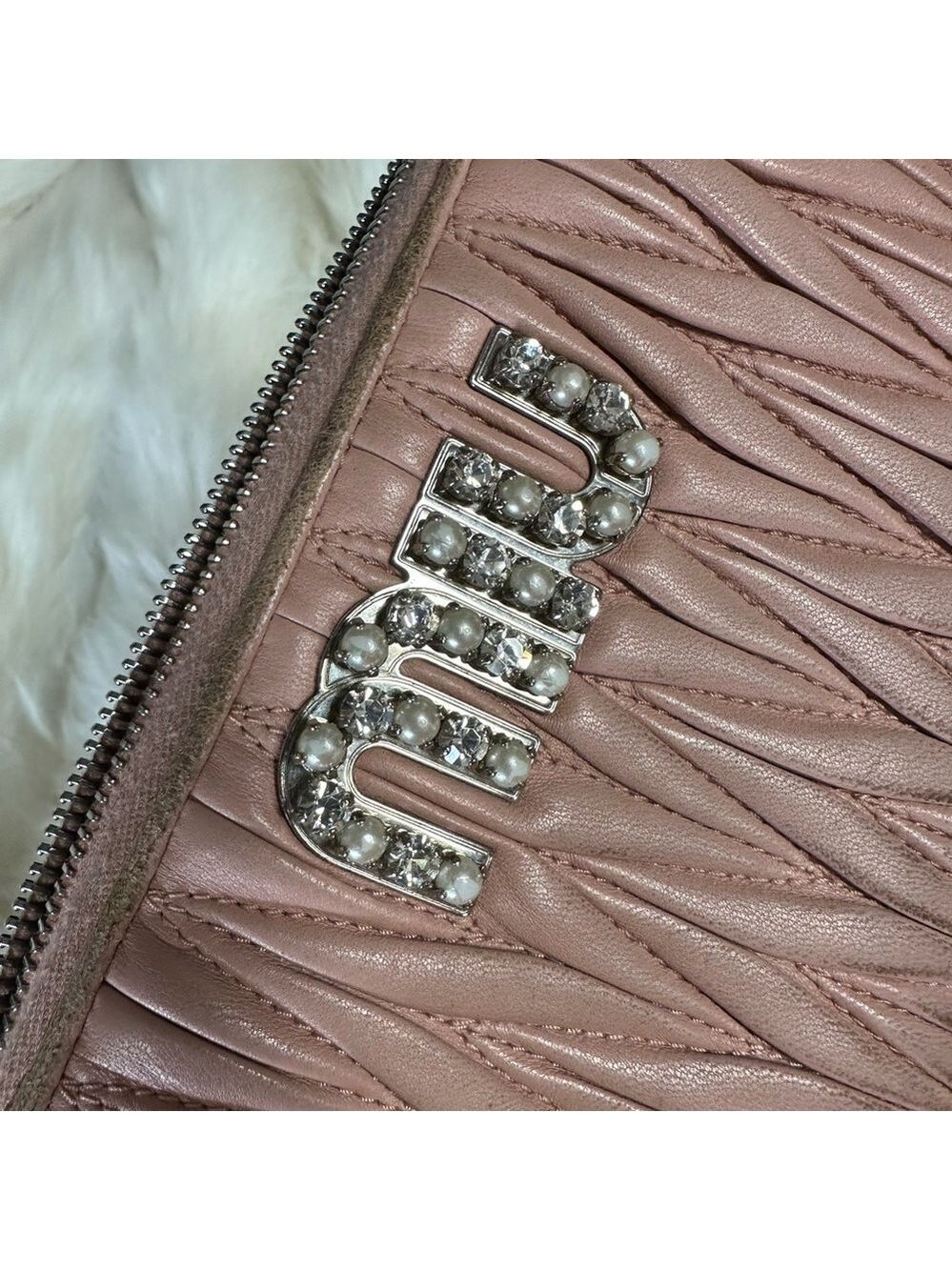 MIU MIU LOGO PEARL RHINESTONE MATELASSE LEATHER ZIPPY ZIP AROUND LONG WALLET - Picture 12 of 13